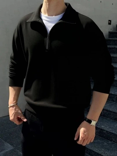 1pc Men's Lightweight Half-Zip Collar Solid Color Sweatshirt