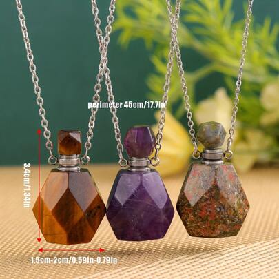 1pc Natural Stone Crystal Faceted Essential Oil Bottle Pendant Necklace - Fragrance Bottle Diffuser Pendant, Rhombus Cut Crystal Aromatherapy Amethyst Necklace