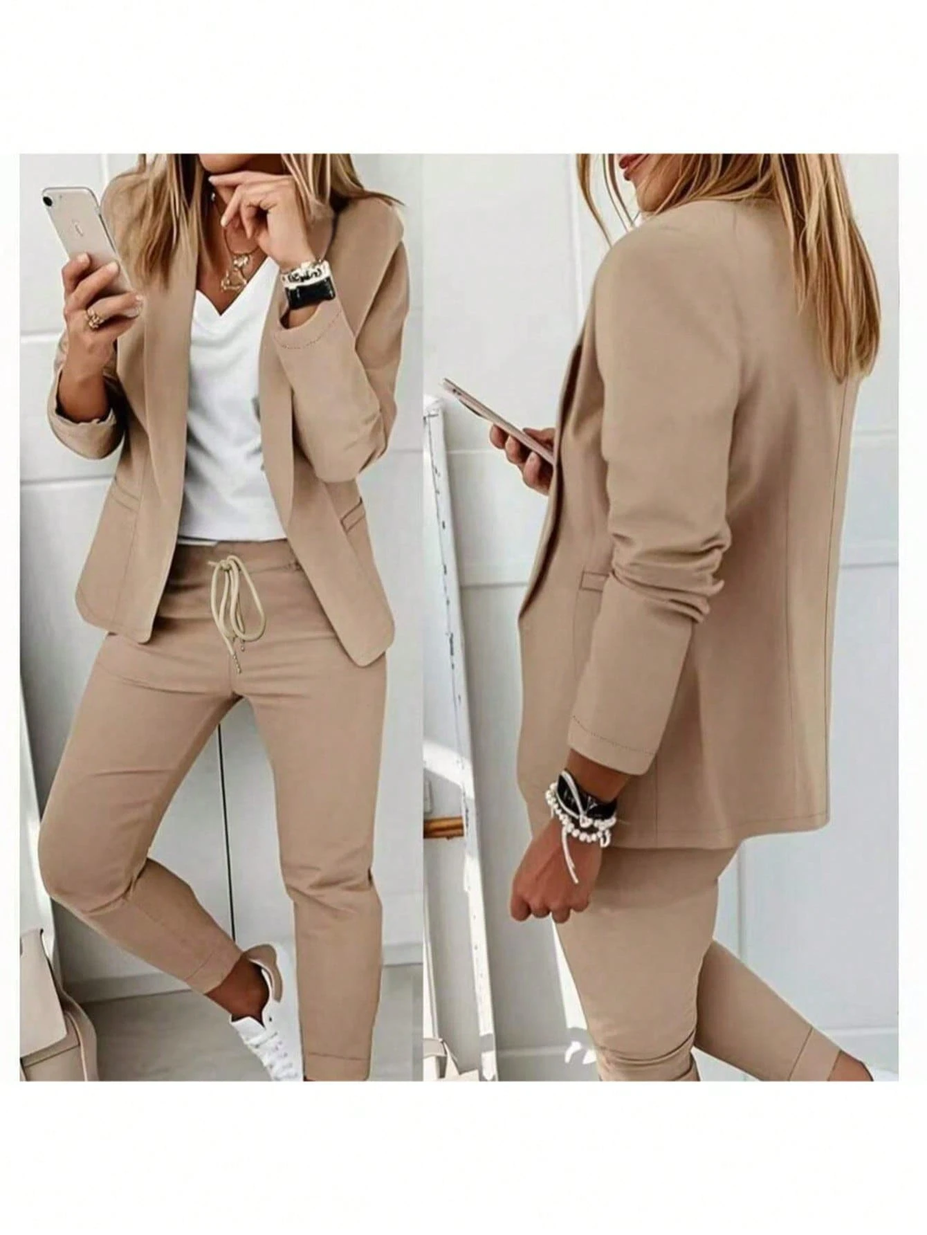 2pcs Women Set: Collar Suit Jacket & Elastic Waist Pants