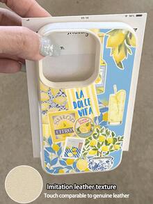 防震植物元素荔枝纹理 1 件装 时尚夏季柠檬元素叶子拼贴图案 防摔防滑软手机壳保护套 兼容苹果和其他 春季礼物，国际版，非国内版 - 彩色 - 查看 3