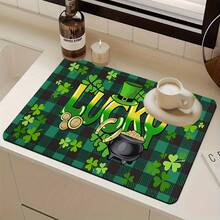 1/2/3pcs Saint Patrick's Day Water Absorbent Mat Green Clover Pattern Polyester Dish Drying Mat Coffee Machine Pad Kitchen Countertop Decor Home Gift For Family Home Decoration Saint Patrick's Day Atmosphere Decoration - Multicolor - View 2