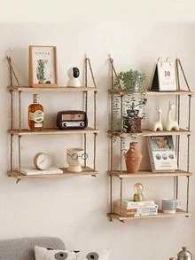 1pc (With Hook) Wall Hanging Decorative Rope Shelf, No Drill Needed Rope Shelf, Wooden Bookshelf, Wall Decor Rack, Floating Shelf For Living Room - Khaki - View 1