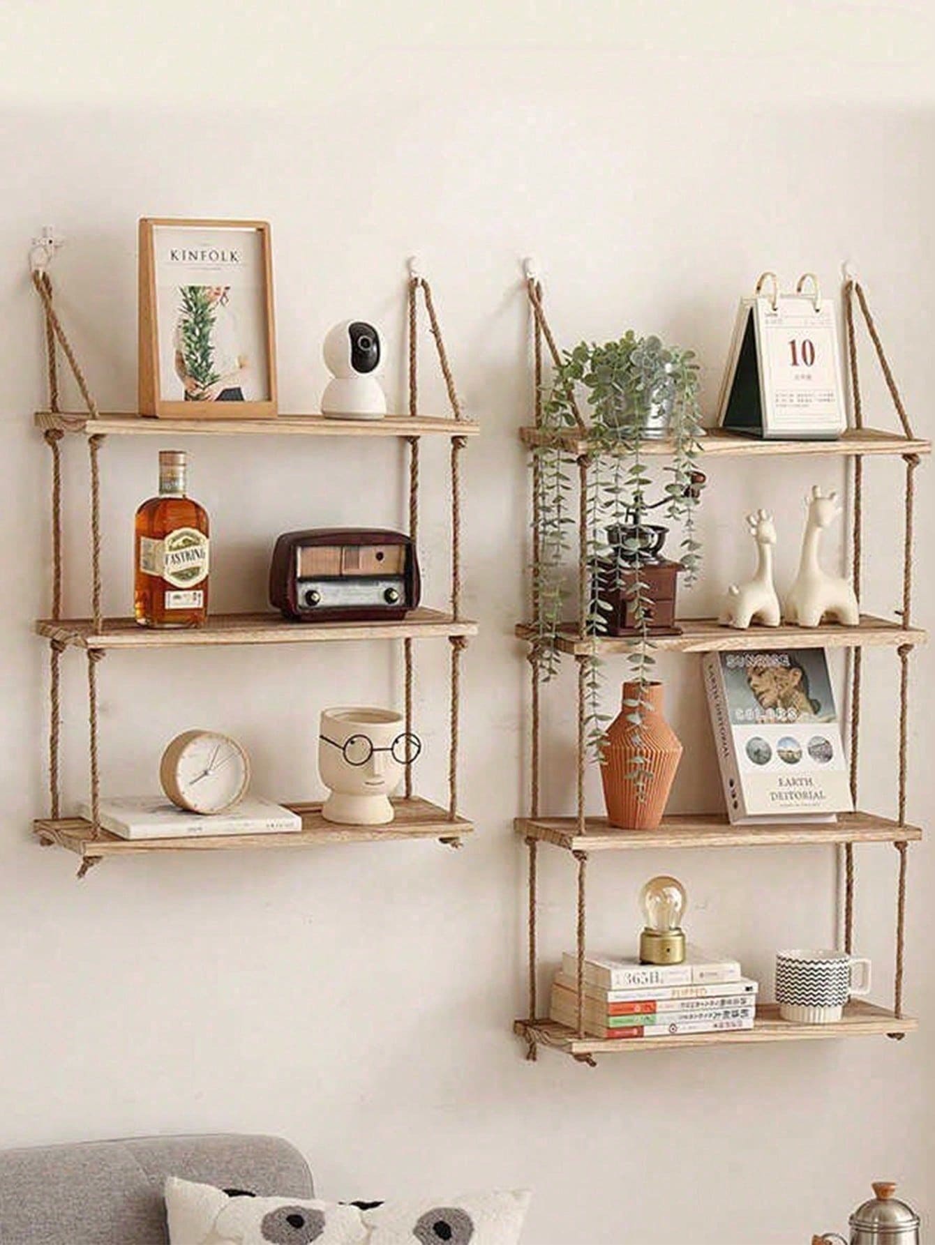 1pc (With Hook) Wall Hanging Decorative Rope Shelf, No Drill Needed Rope Shelf, Wooden Bookshelf, Wall Decor Rack, Floating Shelf For Living Room - Khaki - View 1