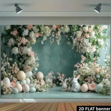 2D Flat Easter Wreath Background Cloth, White Rabbit, Colorful Easter Eggs, Flowers, Green Leaves, Blue-Green Background, Festival Decoration, Home Decoration, Party Decoration, Photo Background, Polyester Fiber, No Power Required - Multicolor 1 - View 5