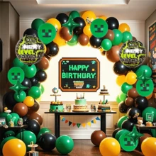 134件像素游戏主题生日气球拱门套装 - 男孩生日装饰，12/10/5英寸绿色、黄色、黑色和棕色气球，适用于生日派对、毕业典礼、性别揭晓派对、嘉年华装饰 - 134件綠色,黃色,黑色 - 查看 2