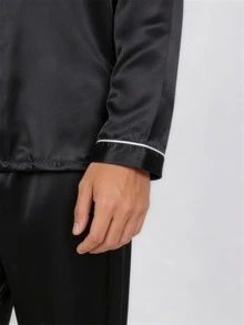 Snug League Two Pieces Sets Men's Pajamas Autumn And Winter Long Sleeved Top & Pants Satin Silk Home Wear Sleepwear Set, Fall Clothes - Black - View 6