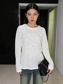 涤纶字母薄纱T恤，适合度假和日常穿着，春夏款 - 白色 - 查看 6