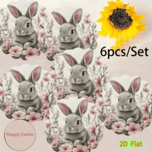 6pcs Easter Elements - Colorful Eggs, Cute Bunnies, Tulip Flower Basket Design, Round Wooden Coaster Set, Suitable For Patio, Kitchen, Living Room, Family Gathering Tabletop Decor, Gift For Friends & Family, Fits Easter, Valentine's Day, Wedding, Birthday Party Home Accents - Multi-colored Irregular Shape - View 6