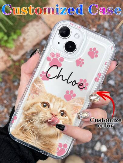 Cute Pink Cat Elements Customized 1pc Customized Pet Photo & Paw Print & Name Text Design Phone Case, Suitable For A14, A15, A13, A12, A55, A54, A21s, S21, S22, S23, S24 Ultra, 11, 12, 13, 14, 15, 16 Pro Max, Cute Phone Cases, International Version, Not The Domestic Version Spring Anniversary Gift