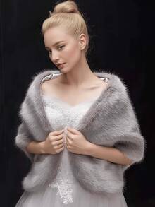 1pc Women's Elegant Bridal Wedding Faux Velvet Long Shawl Wrap, Warm Accessory - Gray a - View 5