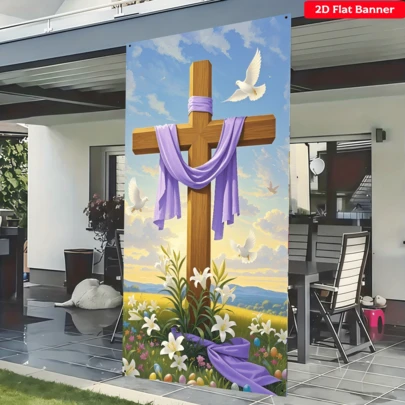 1-Piece 2D Flat Spring Easter Backdrop With Cross, Easter Egg, Spring Lilies, Purple Ribbon Design, Polyester Material, 180*90cm. Suitable For Easter Sunday Worship, Faith-Themed Photography Studios, Indoor And Outdoor Foyer Decorations, And Seasonal Carnival-Themed Party Decorations.