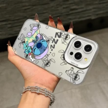 Disney Lilo & Stitch Angel Series  Case, Cute Cartoon Anime Design, Suitable For  17, 16, 15, 14, 13, 12, 11 Pro Max, XS, XR And X, Features A Reflective Back And Shockproof Corners. Perfect As A Birthday Gift, Holiday Gift, Or Valentine's Day Gift. - trắng - Xem 11