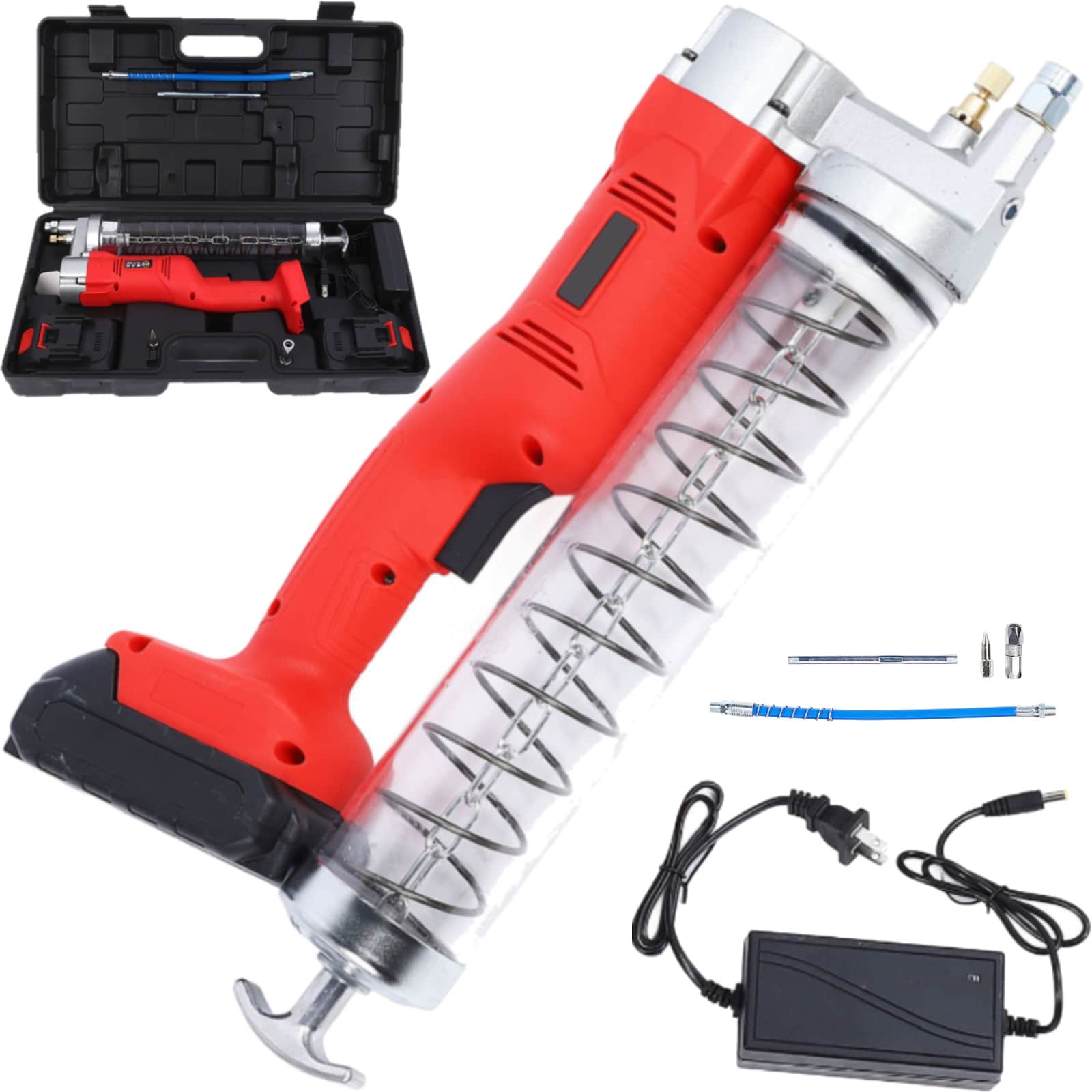 Kit Pistola De Engrasado Inalámbrica 8000-10000psi Con Batería Para Vehículos, Camiones, Maquinaria De Construcción - ROJO - Ver 1