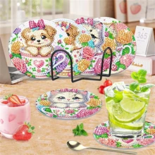 8Pcs/Set Cute Puppy & Kitten In Teacup Floral DIY Diamond Painting Coasters Set With Holder, Sparkling Rhinestone Art Craft Cup Mats For Home Decor & Pet Lover Gifts - Multicolor - View 3