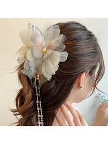 1pc Faux Pearl Butterfly Beaded Tassel Hair Clip, Romantic Crystal Mesh Princess Style Hair Accessory Women Hair Accessories Elegant Hair Claws Fashion Claw Clip - Multicolor - View 3