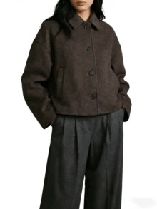 Manteau court de couleur unie à la mode, automne/hiver - Marron - Voir 2