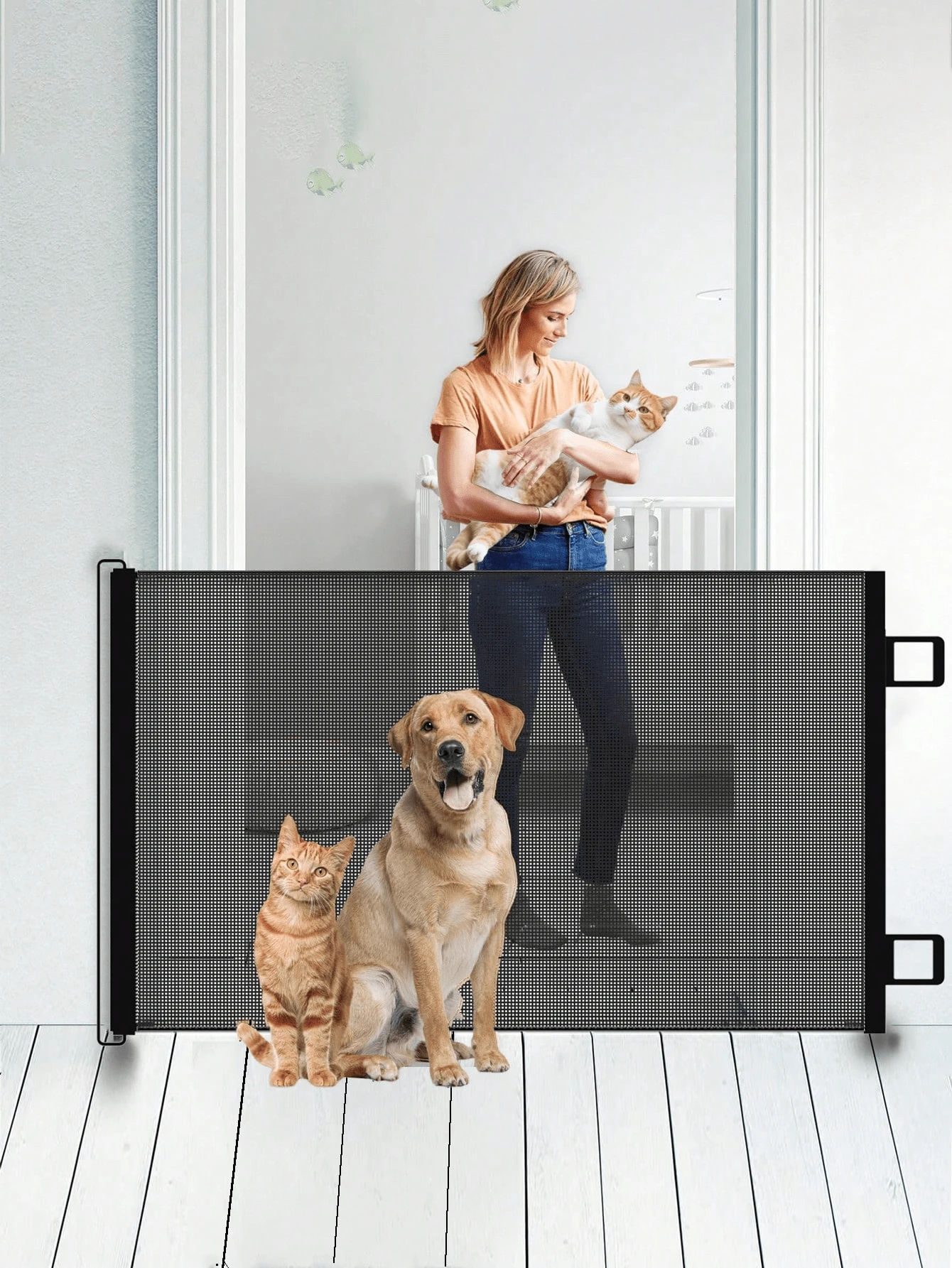 1pc Retractable Indoor Puppy Gate - Pet Barrier For Doorways, Stairs And Balconies - Portable Animal Fence, Cat Proof, Easy Installation, Suitable For Various Spaces And Pet Protection, Comes With 5 Positioning Hooks For Stairs, Bedroom, Balcony, Kitchen And More To Ensure Pet Safety. - Multicolor - View 1