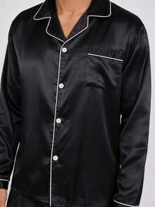 Snug League Two Pieces Sets Men's Pajamas Autumn And Winter Long Sleeved Top & Pants Satin Silk Home Wear Sleepwear Set, Fall Clothes - Black - View 4