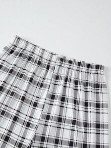 Snug League 2pcs Men's Lightweight Pajama Set, Short Sleeve & Shorts, Plaid Striped Casual Sleepwear Set - Light Grey - View 10