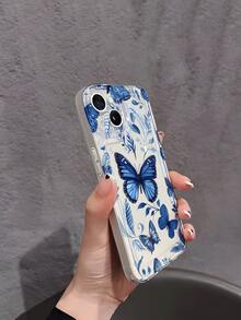 1pc Fashionable Minimalist Blue Butterfly & Leaf Pattern Transparent Soft Silicone Shockproof Anti-Scratch Lens Full Coverage Phone Case Compatible With Apple Phones - Multicolor - View 4