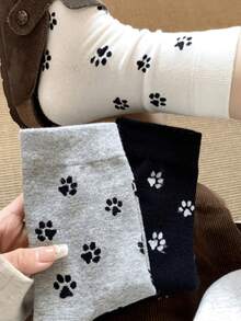 3 双装女士卡通狗爪印纯色中筒袜，可爱、时尚、休闲、百搭，适合日常穿着，四季皆宜，也是一份很棒的情人节礼物。 - 彩色 - 查看 4