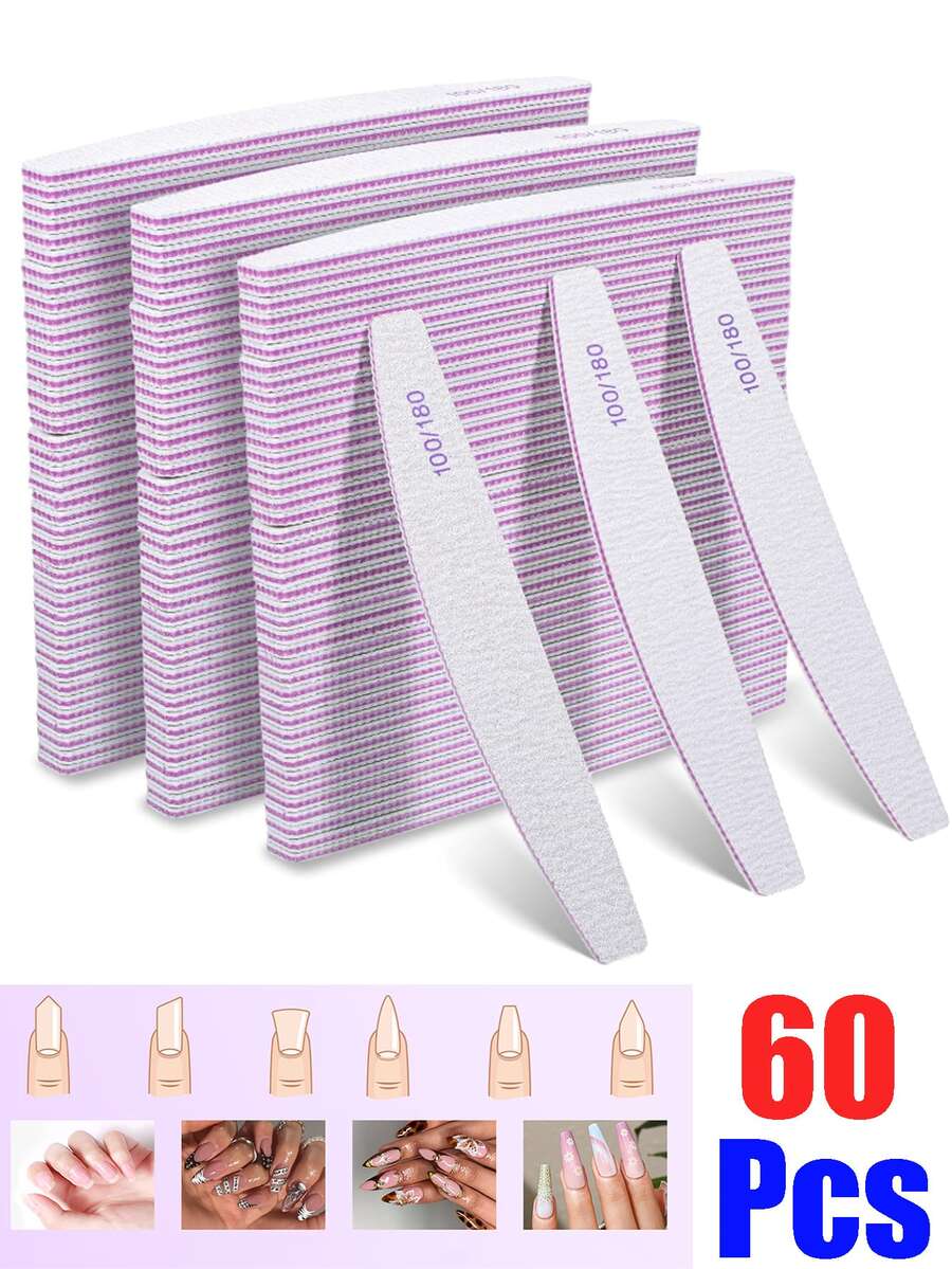 60/50/40/10/5/2pcs Professional Nail File, 100/180 Grit Double-Sided Graded Nail Buffers, Natural Nails, Nail Tech Supplies, Nail Tech Must Haves, Washable Reusable Emery Board - Light Grey - View 1