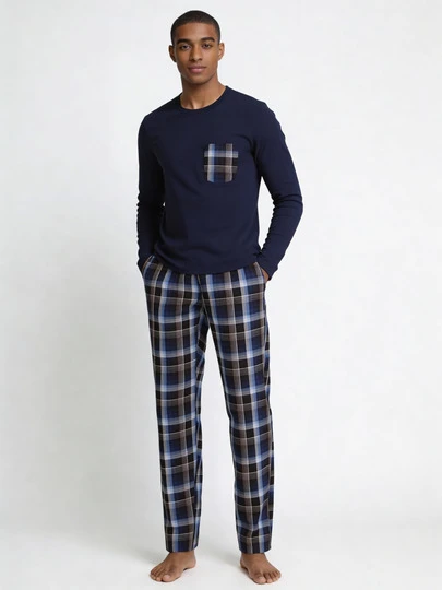  Snug League Men's Plaid Print Crew Neck Long Sleeve Top And Pants 2 Pieces Pajama Set, Casual And Comfortable Loungewear For Spring And Autumn, Winter Clothes