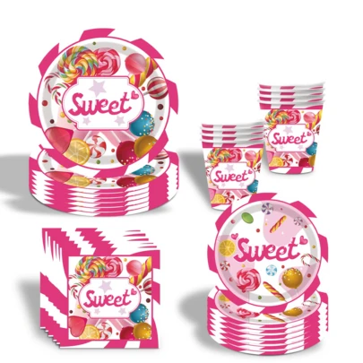 50pcs Sweet Candy Themed Disposable Tableware Set, Perfect For Valentine's Day, Back-To-School Season ,Camping, Patio Barbecues, Wedding, Bachelorette Party, Party And Birthday, Suitable For Party Decorations, Home Decorations, Birthday Decorations, Birthday Party Decorations, Wedding Decorations, Which Perfect Party Supplies