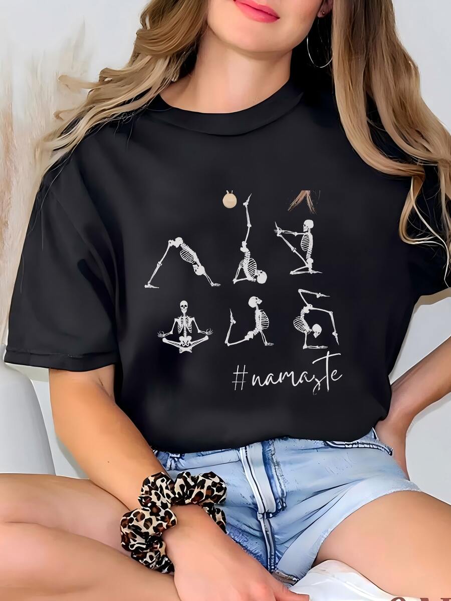 Esqueleto # Namaste Unisex Tshirt Camiseta - Negro - Ver 1