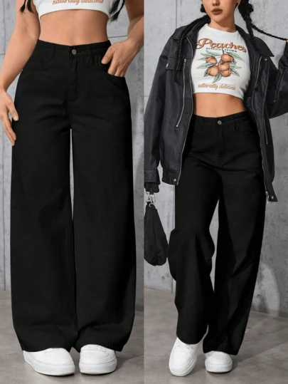 Pantalones vaqueros de piernas anchas para mujeres, botones, bolsillos incluidos, artículos de moda imprescindibles