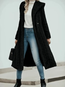 Warm Women's Longline Coat With Hood – Plush Textured Fabric For Chilly Spring & Winter Days. Its Unique Raised Pattern Brings Luxe Vibe, Lightweight Yet Snug Enough For Early Spring. Effortlessly Elevates Any Casual Outfit. - 黑色 - 查看 2