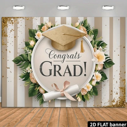 2D Elegant Graduation Party Banner, Featuring Gold Graduation Cap And "Congratulations Graduate!" Design, With Floral Decor And Sparkling Stars, Multipurpose Decoration, Holiday Gift, Made Of Polyester, No Power Required