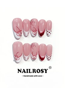 nailrosy 10片装手工美甲套装，杏仁杏色，优雅简约，复古日式、现代韩式、清新设计，时尚法式、中性经典，创意亮面闪亮假指甲套装，生日礼物/婚礼礼物 - 粉色 - 查看 3