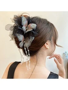 1pc Faux Pearl Butterfly Beaded Tassel Hair Clip, Romantic Crystal Mesh Princess Style Hair Accessory Women Hair Accessories Elegant Hair Claws Fashion Claw Clip - Multicolor - View 2