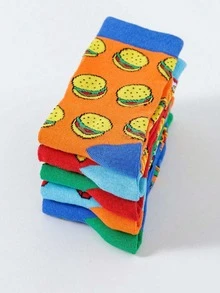 1/3/5双装 秋冬保暖趣味汉堡、热狗、披萨、啤酒快餐图案中筒袜，适合日常穿着、居家/办公、节日送礼 - 彩色 - 查看 9