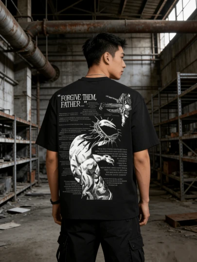 Men's T-Shirt, "Forgive Them, Father" Graphic Tee, Unisex, Casual, Crew Neck, Religious Illustration, Steel Ball Run - Manga - Inspired By Jesus, Spiritual Statement, Men's Sweater, Men's T-Shirts, Cotton Crew Neck T-Shirt, Short Sleeve, Men's Summer Tops, Sleeve T-Shirt, Summer Clothing, T-Shirts For Summer Tops