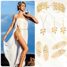 7件套复古希腊女神服装套装，包括闪亮珍珠叶形头饰、希腊连衣裙、万圣节角色扮演派对服饰、螺旋手镯、项链、发箍、耳环，奢华女神万圣节化妆舞会服装及配饰 - 彩色 - 查看 8