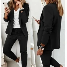 2pcs Women's Suit Set: Lapel Collar Jacket And Elastic Waist Pants