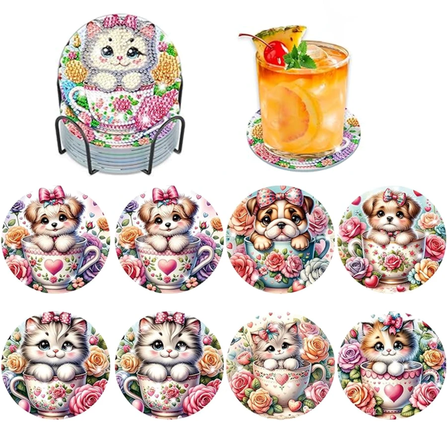 8Pcs/Set Cute Puppy & Kitten In Teacup Floral DIY Diamond Painting Coasters Set With Holder, Sparkling Rhinestone Art Craft Cup Mats For Home Decor & Pet Lover Gifts - Multicolor - View 1