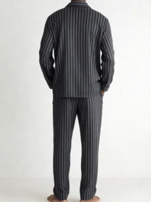 Snug League 2pcs Men Plus Size Striped Long Sleeve Top & Pants Sleepwear Set, High Quality Casual Home Outfit For Spring And Autumn, Fall Winter Clothes - Black - View 2