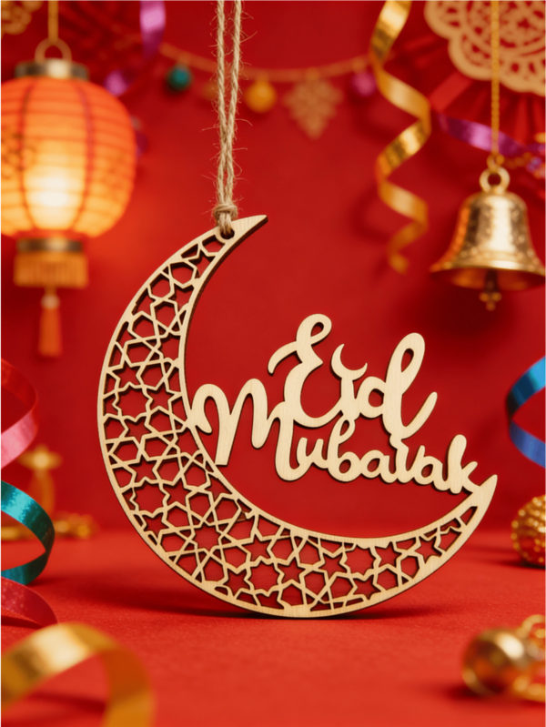 1pc/2pcs, Wooden Ramadan Home Decoration Hanging Ornament With Moon Text Wall Art, Ramadan Decor, Eid Decor Favor, Eid Mubarak Decor Supplies