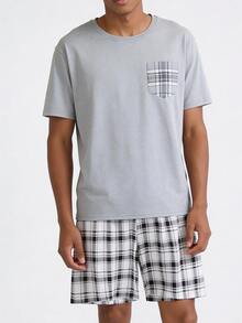 Snug League 2pcs Men's Lightweight Pajama Set, Short Sleeve & Shorts, Plaid Striped Casual Sleepwear Set - Light Grey - View 5
