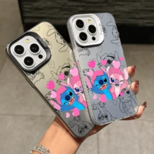 Disney Lilo & Stitch Angel Series  Case, Cute Cartoon Anime Design, Suitable For  17, 16, 15, 14, 13, 12, 11 Pro Max, XS, XR And X, Features A Reflective Back And Shockproof Corners. Perfect As A Birthday Gift, Holiday Gift, Or Valentine's Day Gift. - Hồng - Xem 1