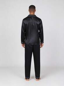 Snug League Two Pieces Sets Men's Pajamas Autumn And Winter Long Sleeved Top & Pants Satin Silk Home Wear Sleepwear Set, Fall Clothes - Black - View 2