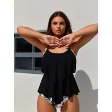 Tankini Swimsuit For Women - Black Halter Top & Palm Print Bottoms - Tropical Two Piece Bathing Suit - Ruffled Swimwear Set For Vacation, Beach, Pool - Plus Size Available - 多色1067 - 查看 4