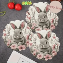 6pcs Easter Elements - Colorful Eggs, Cute Bunnies, Tulip Flower Basket Design, Round Wooden Coaster Set, Suitable For Patio, Kitchen, Living Room, Family Gathering Tabletop Decor, Gift For Friends & Family, Fits Easter, Valentine's Day, Wedding, Birthday Party Home Accents - Multi-colored Irregular Shape - View 5