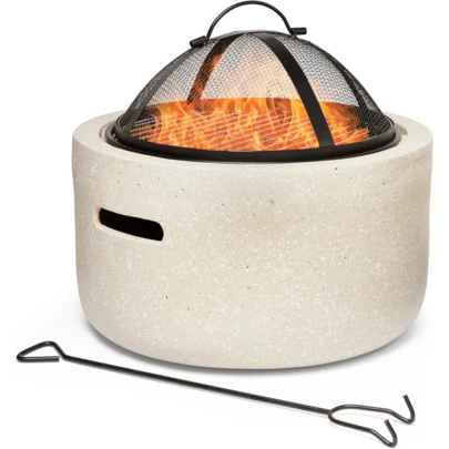 Fire Pit – 2 In 1 Firepit With BBQ Cooking Grill For Outdoor, Garden, Patio – MgO Material, Stone Effect Finish, Fire Poker & Mesh Cover Included, Carry Handles – Use Wood Or Charcoal To Fuel