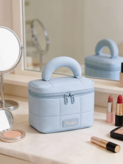  Dasique 1pc Blue Zipper Cosmetic Bag, Fashionable Casual Large Capacity Portable Zipper Cosmetic Bag, Travel Stationery Storage Bag, Essential Cosmetic Bag For Vacation, Can Hold Makeup Pads, Wired Earphones, Earbuds, Headphones, Etc.