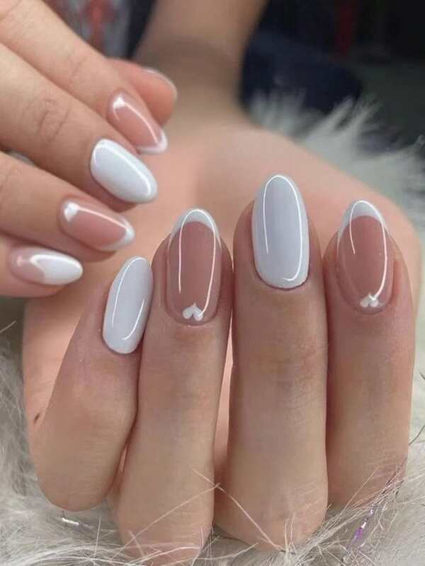 24pcs Oval Heart-Shaped French Manicure Nail Stickers Set, White Color, Perfect For Valentine's Day Artificial Nails, Includes 1pc Jelly Gel And 1pc Nail File, Suitable For Women And Girls For Daily Work, Study And Gatherings Nail Supplies