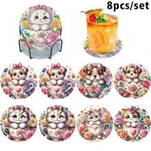 8Pcs/Set Cute Puppy & Kitten In Teacup Floral DIY Diamond Painting Coasters Set With Holder, Sparkling Rhinestone Art Craft Cup Mats For Home Decor & Pet Lover Gifts - Multicolor - View 7